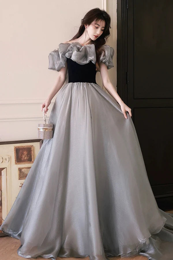 Wholesale Gray Tulle and Black Velvet Long Prom Dress Off the Shoulder Evening Party Dress